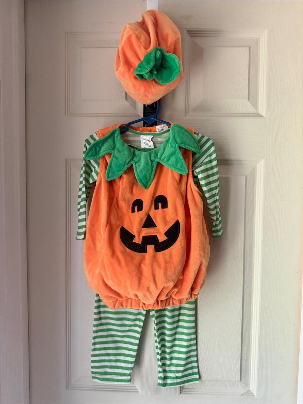 Target Orange Pumpkin Costume with Green Striped Sleeves and Hat